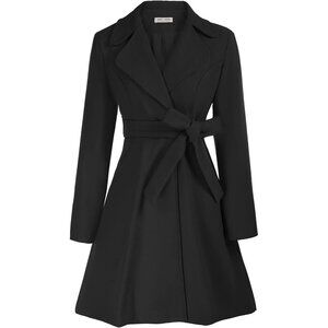 Women Black Peacoat Dress Coat Belted Notch Lapel Overcoat Fall Winter Trench C